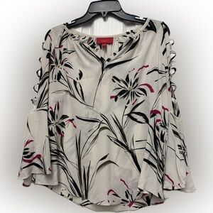 Jennifer Lopez Black and Pink Floral Cold Shoulder Blouse